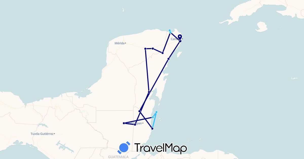 TravelMap itinerary: driving, boat in Belize, Guatemala, Mexico (North America)